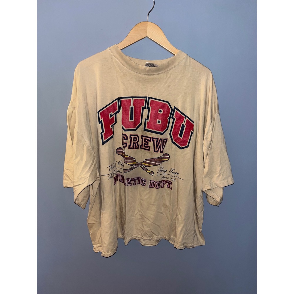 Vintage FUBU Crew Athletic Dept. XXXL T-Shirt Tan 90s Hip Hop‎ Rap Wear